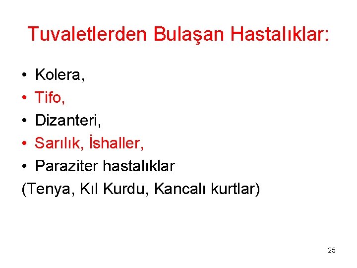 Tuvaletlerden Bulaşan Hastalıklar: • Kolera, • Tifo, • Dizanteri, • Sarılık, İshaller, • Paraziter