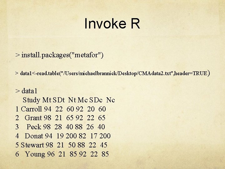 Invoke R > install. packages("metafor") > data 1<-read. table("/Users/michaelbrannick/Desktop/CMAdata 2. txt", header=TRUE ) >