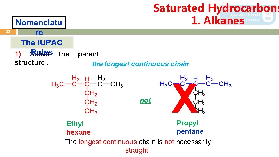 13 Nomenclatu re The IUPAC Rules the 1) Select structure. Saturated Hydrocarbons 1. Alkanes