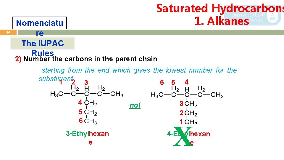 14 Saturated Hydrocarbons 1. Alkanes Nomenclatu re The IUPAC Rules 2) Number the carbons