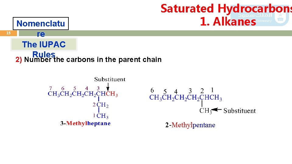 15 Nomenclatu re The IUPAC Rules Saturated Hydrocarbons 1. Alkanes 2) Number the carbons