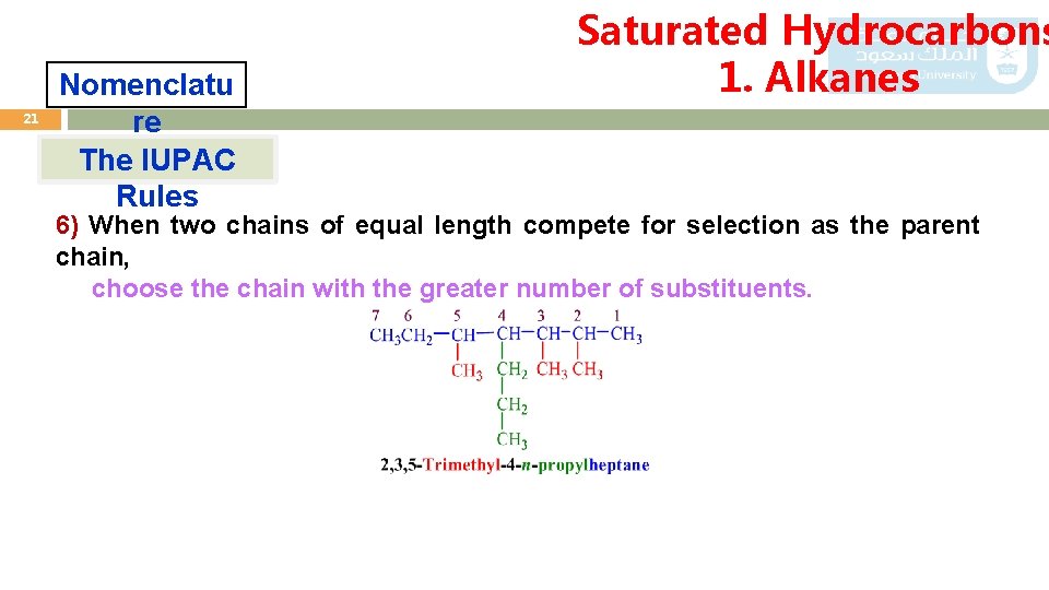 21 Nomenclatu re The IUPAC Rules Saturated Hydrocarbons 1. Alkanes 6) When two chains