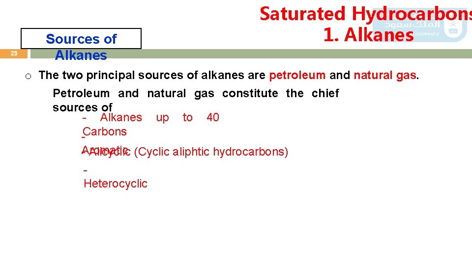 23 Sources of Alkanes Saturated Hydrocarbons 1. Alkanes o The two principal sources of