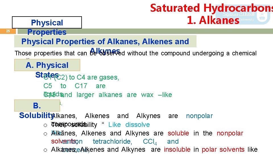 Saturated Hydrocarbons 1. Alkanes 25 Physical Properties of Alkanes, Alkenes and Alkynes Those properties