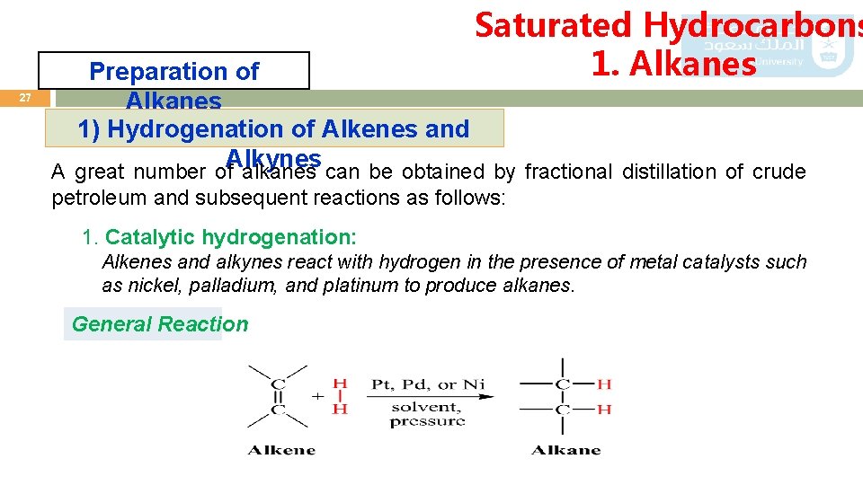 Saturated Hydrocarbons 1. Alkanes 27 Preparation of Alkanes 1) Hydrogenation of Alkenes and Alkynes