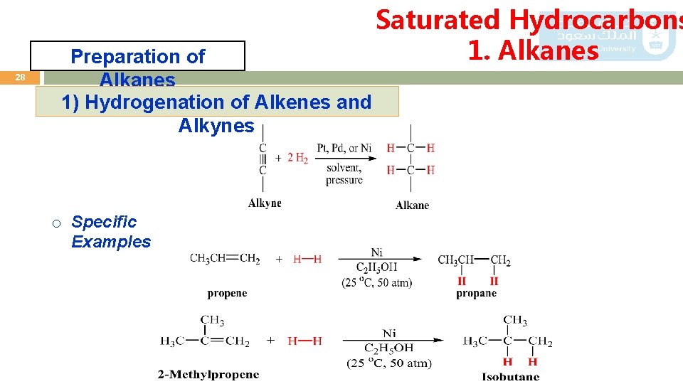 28 Preparation of Alkanes 1) Hydrogenation of Alkenes and Alkynes o Specific Examples Saturated