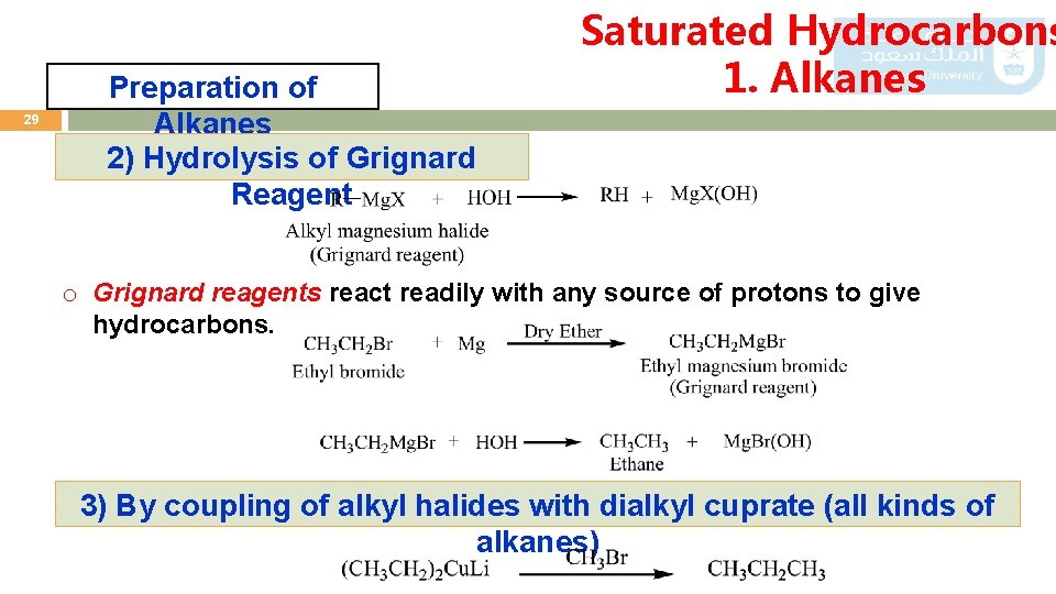 29 Preparation of Alkanes 2) Hydrolysis of Grignard Reagent Saturated Hydrocarbons 1. Alkanes o