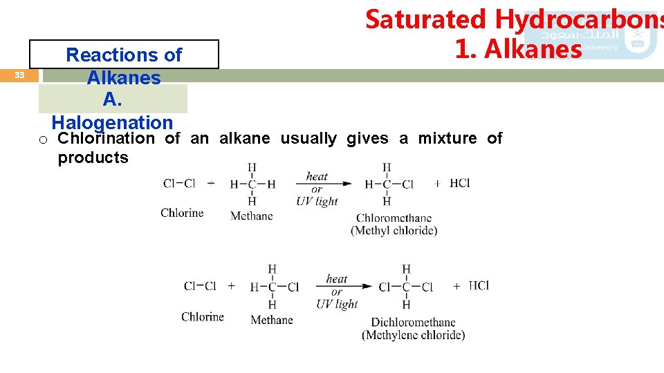 33 Reactions of Alkanes A. Halogenation Saturated Hydrocarbons 1. Alkanes o Chlorination of an