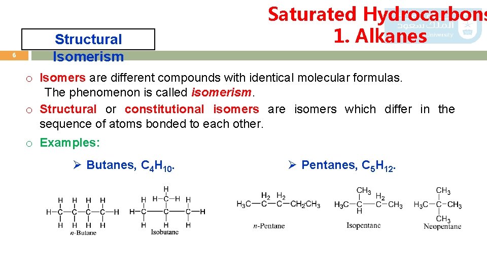 6 Structural Isomerism Saturated Hydrocarbons 1. Alkanes o Isomers are different compounds with identical