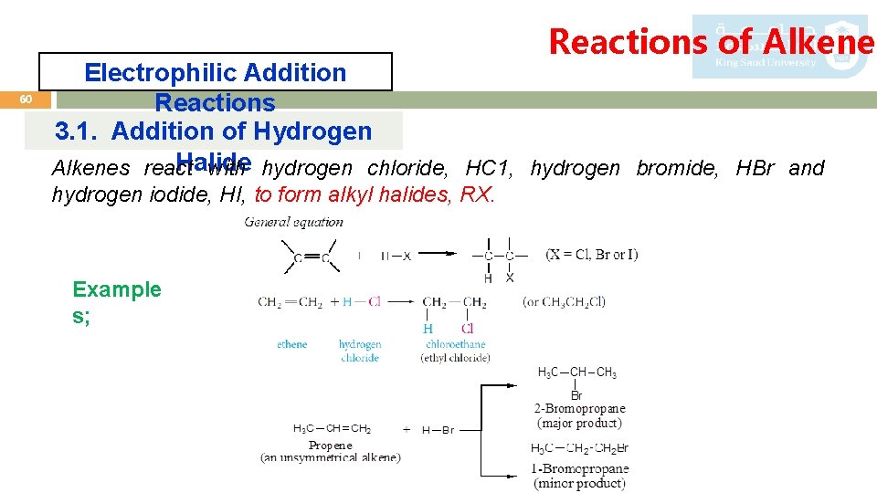 Reactions of Alkenes 60 Electrophilic Addition Reactions 3. 1. Addition of Hydrogen Halide Alkenes