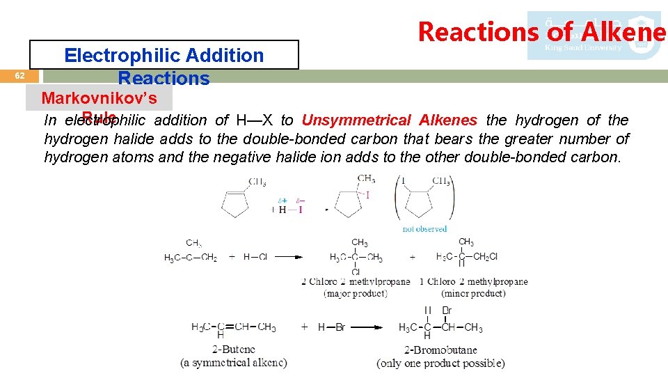 62 Electrophilic Addition Reactions of Alkenes Markovnikov’s Rule In electrophilic addition of H—X to