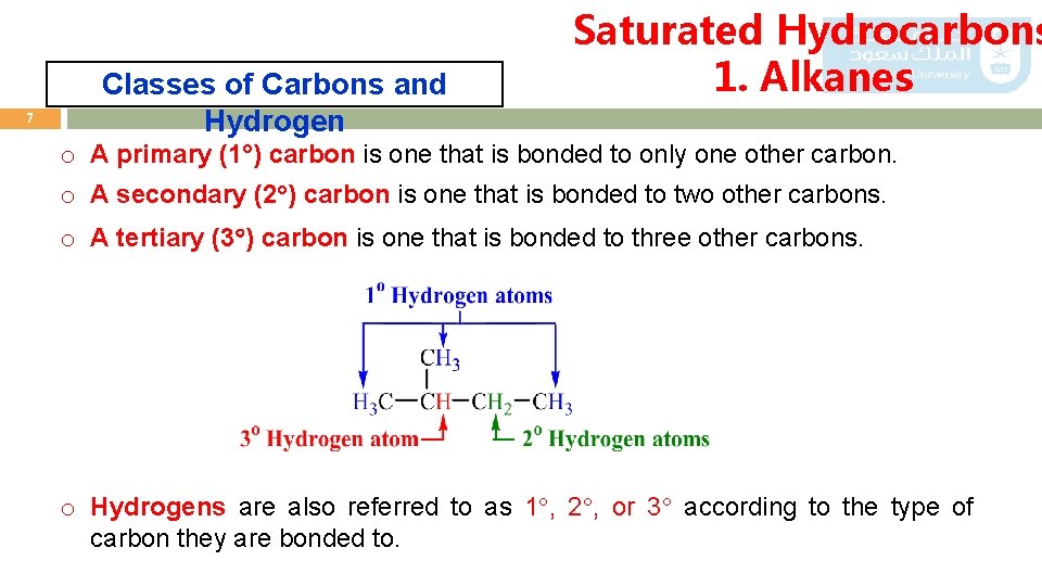 7 Classes of Carbons and Hydrogen Saturated Hydrocarbons 1. Alkanes o A primary (1