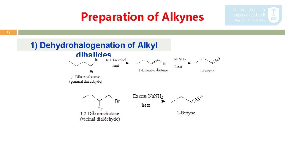 Preparation of Alkynes 72 1) Dehydrohalogenation of Alkyl dihalides 