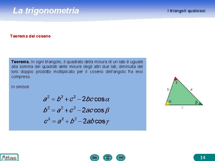 La trigonometria I triangoli qualsiasi Teorema del coseno Teorema. In ogni triangolo, il quadrato