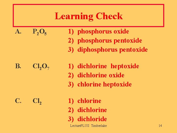 Learning Check A. P 2 O 5 1) phosphorus oxide 2) phosphorus pentoxide 3)