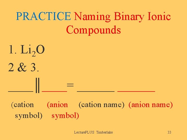 PRACTICE Naming Binary Ionic Compounds 1. Li 2 O 2 & 3. ____║____= ______