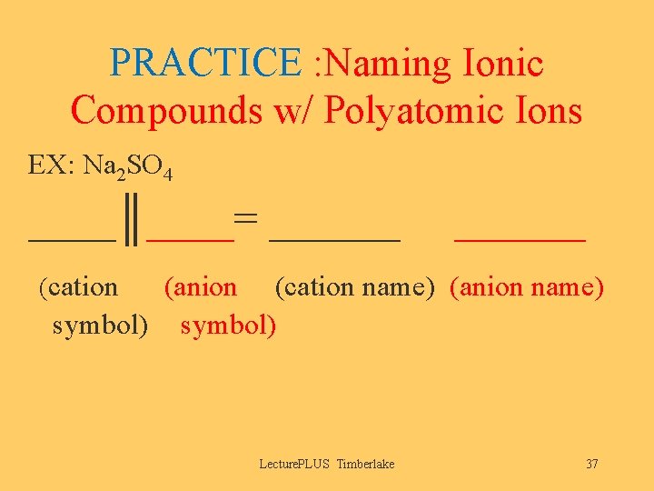 PRACTICE : Naming Ionic Compounds w/ Polyatomic Ions EX: Na 2 SO 4 ____║____=