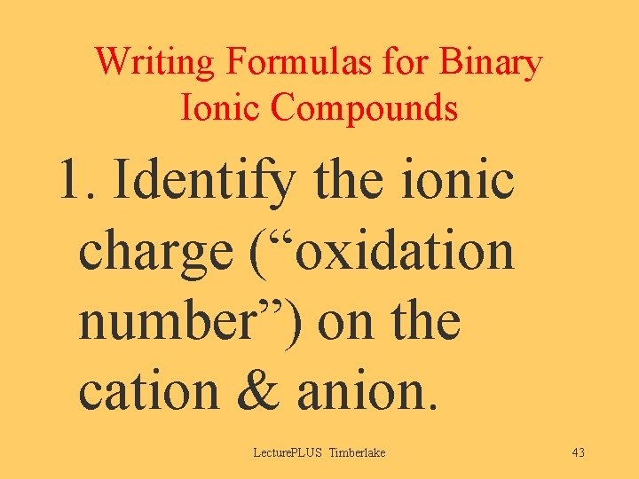 Writing Formulas for Binary Ionic Compounds 1. Identify the ionic charge (“oxidation number”) on