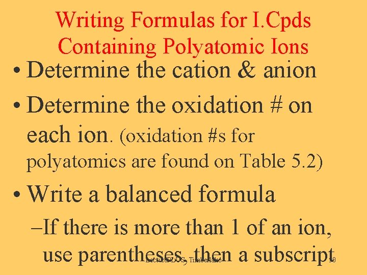 Writing Formulas for I. Cpds Containing Polyatomic Ions • Determine the cation & anion