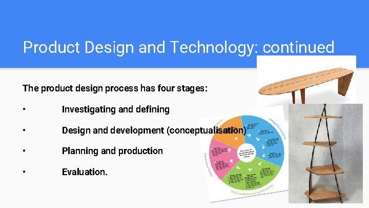 Product Design and Technology: continued The product design process has four stages: • Investigating