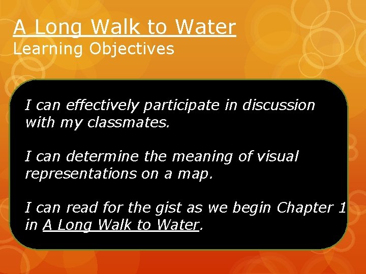 A Long Walk to Water Learning Objectives I can effectively participate in discussion with A Long Walk to Water Learning Objectives I can effectively participate in discussion with