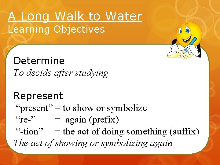 A Long Walk to Water Learning Objectives Determine To decide after studying Represent “present” A Long Walk to Water Learning Objectives Determine To decide after studying Represent “present”