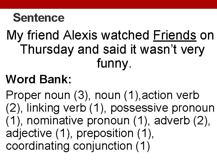 Sentence My friend Alexis watched Friends on Thursday and said it wasn’t very funny.