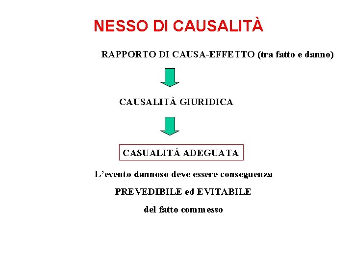 NESSO DI CAUSALITÀ RAPPORTO DI CAUSA-EFFETTO (tra fatto e danno) CAUSALITÀ GIURIDICA CASUALITÀ ADEGUATA