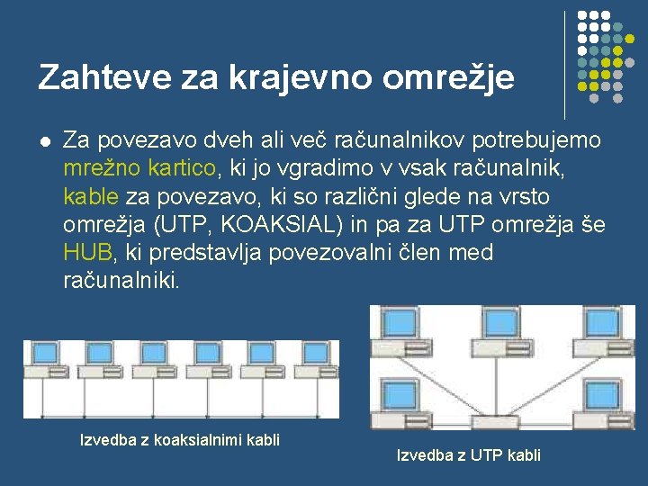 Zahteve za krajevno omrežje l Za povezavo dveh ali več računalnikov potrebujemo mrežno kartico,