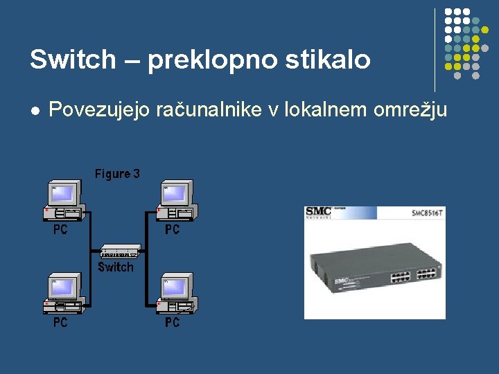 Switch – preklopno stikalo l Povezujejo računalnike v lokalnem omrežju 