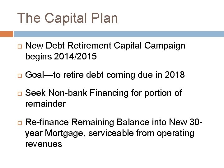 The Capital Plan New Debt Retirement Capital Campaign begins 2014/2015 Goal—to retire debt coming