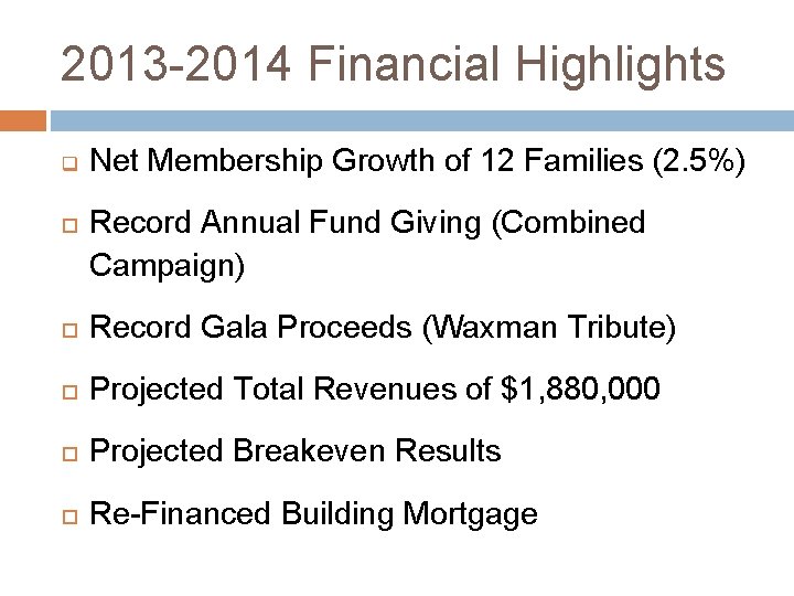 2013 -2014 Financial Highlights q Net Membership Growth of 12 Families (2. 5%) Record