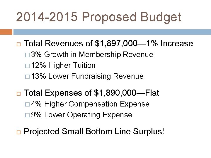 2014 -2015 Proposed Budget Total Revenues of $1, 897, 000— 1% Increase � 3%