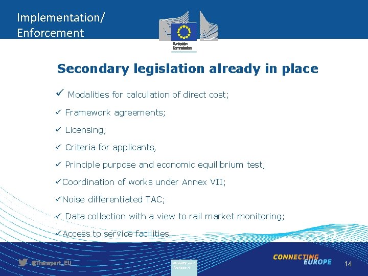 Implementation/ Enforcement Secondary legislation already in place ü Modalities for calculation of direct cost;