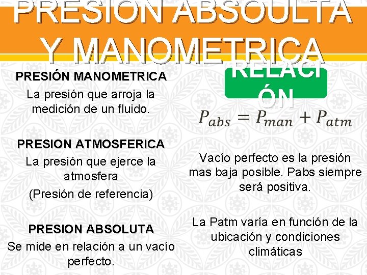 PRESION ABSOULTA Y MANOMETRICA RELACI PRESIÓN MANOMETRICA La presión que arroja la medición de