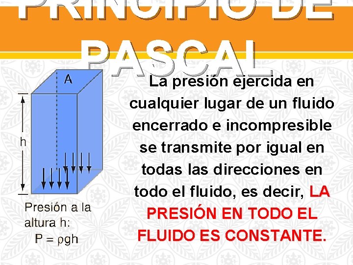 PRINCIPIO DE PASCAL La presión ejercida en cualquier lugar de un fluido encerrado e
