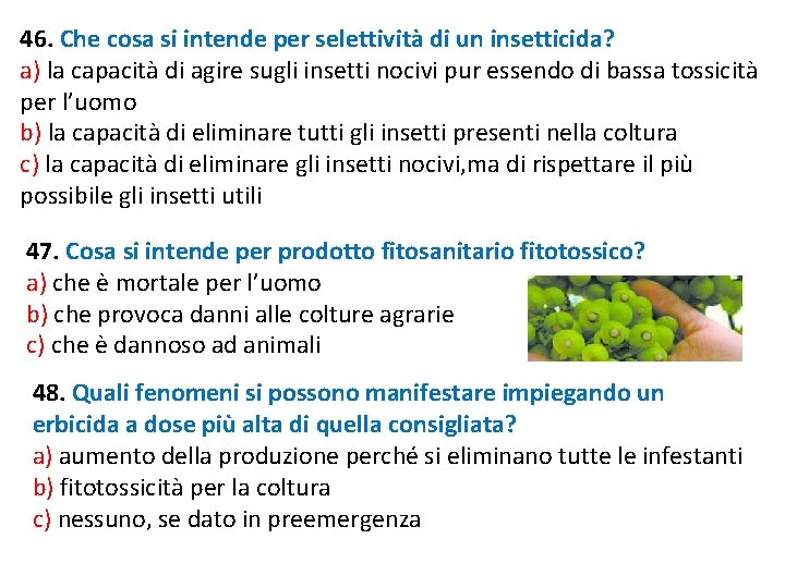 46. Che cosa si intende per selettività di un insetticida? a) la capacità di 46. Che cosa si intende per selettività di un insetticida? a) la capacità di