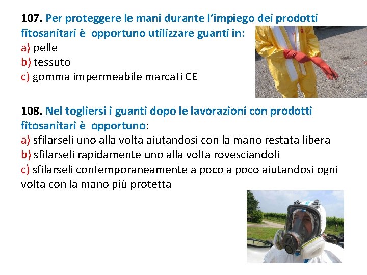 107. Per proteggere le mani durante l’impiego dei prodotti fitosanitari è opportuno utilizzare guanti 107. Per proteggere le mani durante l’impiego dei prodotti fitosanitari è opportuno utilizzare guanti