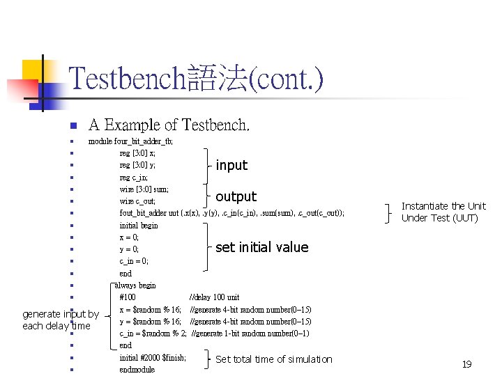 Testbench語法(cont. ) n A Example of Testbench. module four_bit_adder_tb; n reg [3: 0] x;