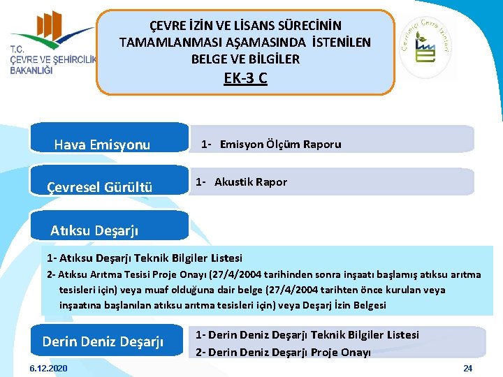 ÇEVRE İZİN VE LİSANS SÜRECİNİN TAMAMLANMASI AŞAMASINDA İSTENİLEN BELGE VE BİLGİLER EK-3 C Hava