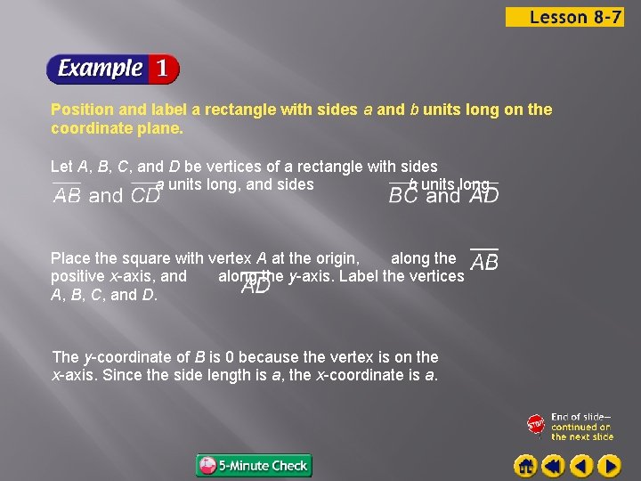 Position and label a rectangle with sides a and b units long on the