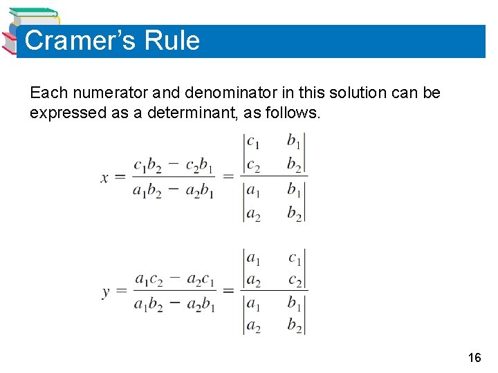 Cramer’s Rule Each numerator and denominator in this solution can be expressed as a