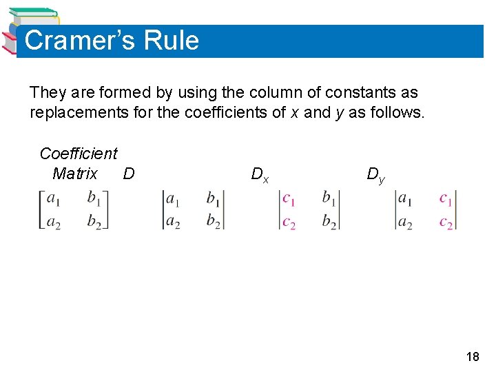 Cramer’s Rule They are formed by using the column of constants as replacements for