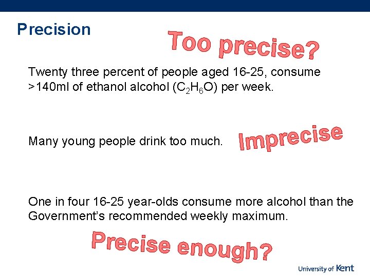 Precision Too precise? Twenty three percent of people aged 16 -25, consume >140 ml