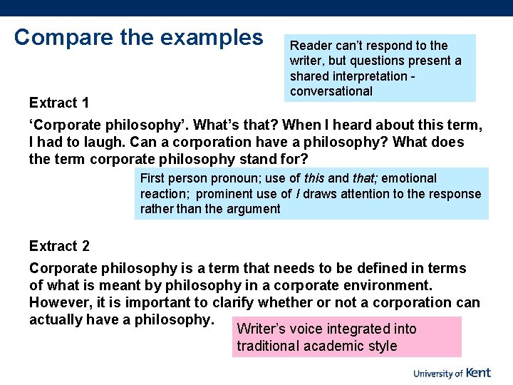 Compare the examples Extract 1 Reader can’t respond to the writer, but questions present