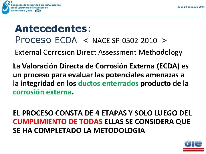 Antecedentes: Proceso ECDA < NACE SP-0502 -2010 > External Corrosion Direct Assessment Methodology La