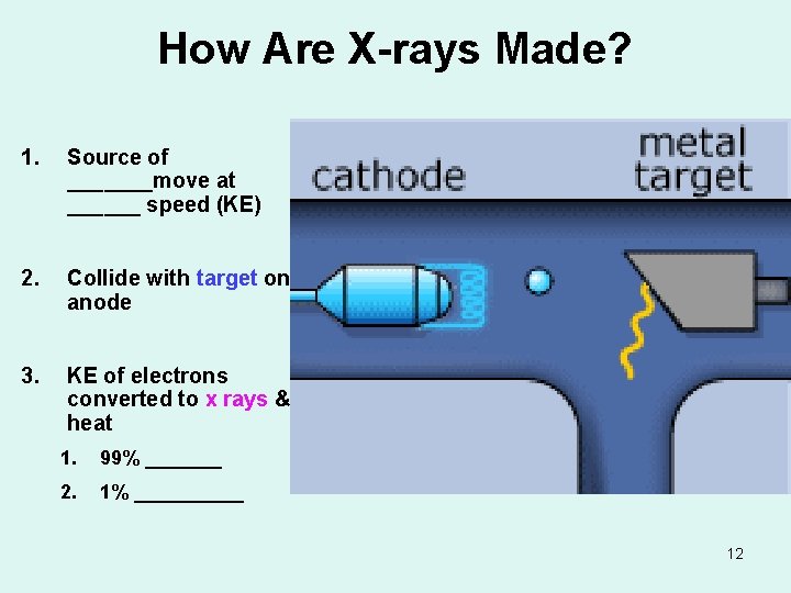 How Are X-rays Made? 1. Source of _______move at ______ speed (KE) 2. Collide