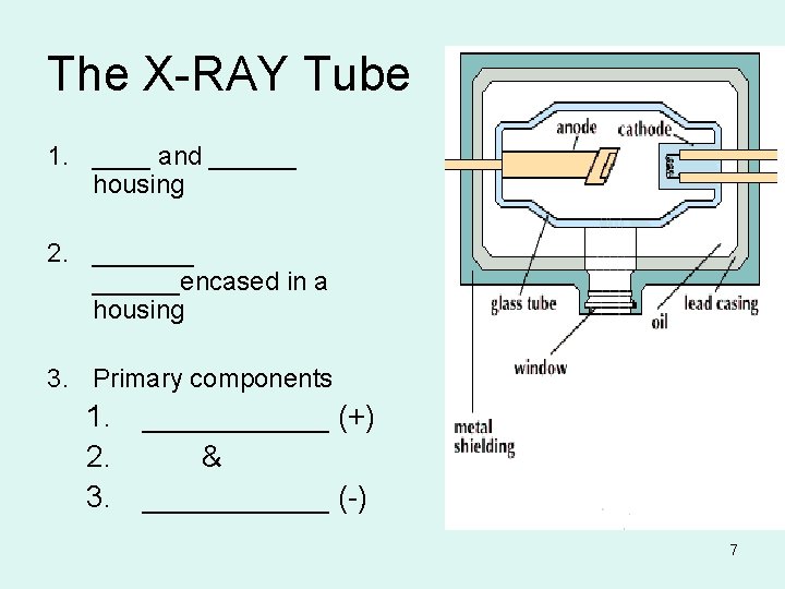 The X-RAY Tube 1. ____ and ______ housing 2. _______encased in a housing 3.