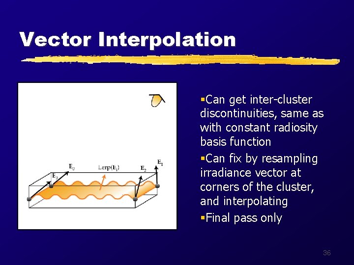 Vector Interpolation §Can get inter-cluster discontinuities, same as with constant radiosity basis function §Can
