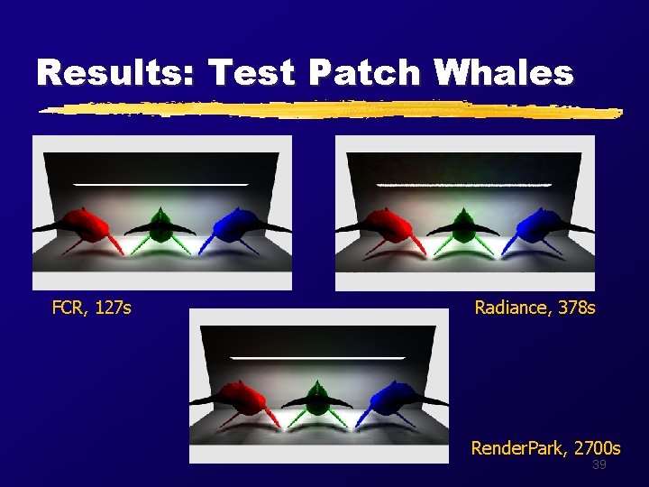 Results: Test Patch Whales FCR, 127 s Radiance, 378 s Render. Park, 2700 s